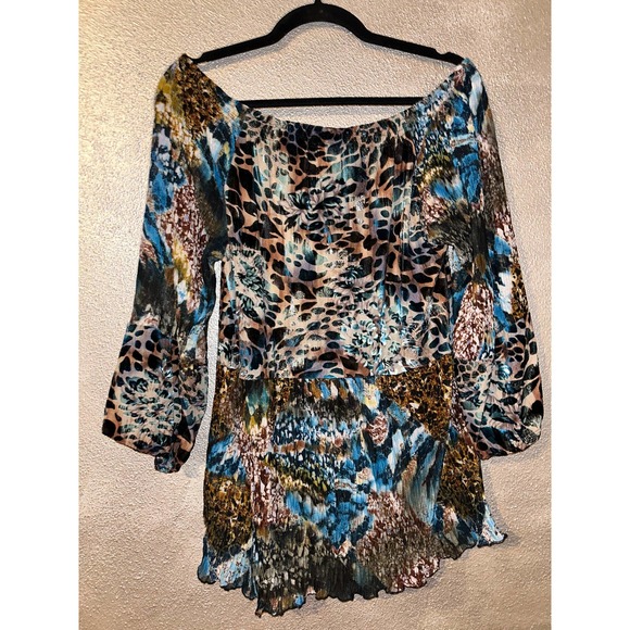 Alberto Makali Teal Black Animal Print Burnout Velvet Off The Shoulder Top L - Picture 5 of 7